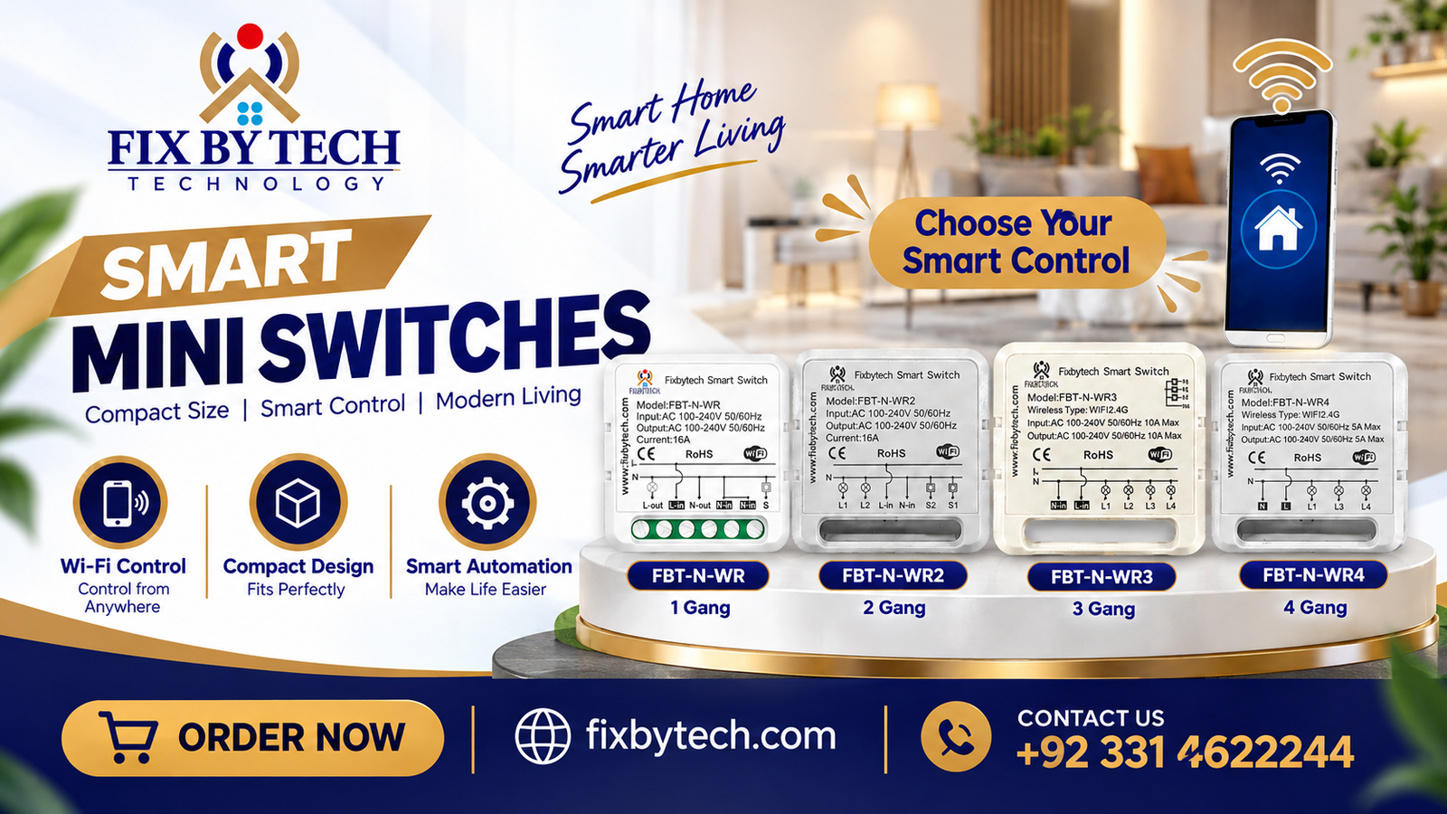 FixByTech Smart Mini Switches FBT-N-WR, FBT-N-WR2, FBT-N-WR3 and FBT-N-WR4 for smart home automation in Pakistan.