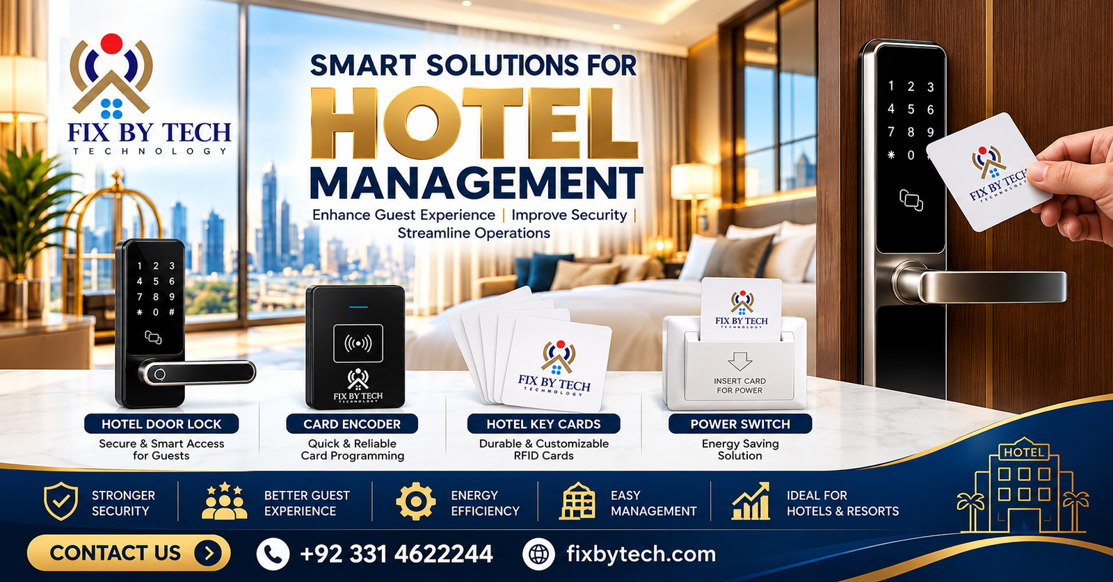 Smart hotel management solutions by Fix By Tech featuring hotel door lock, RFID key cards, card encoder, and energy-saving power switch.
