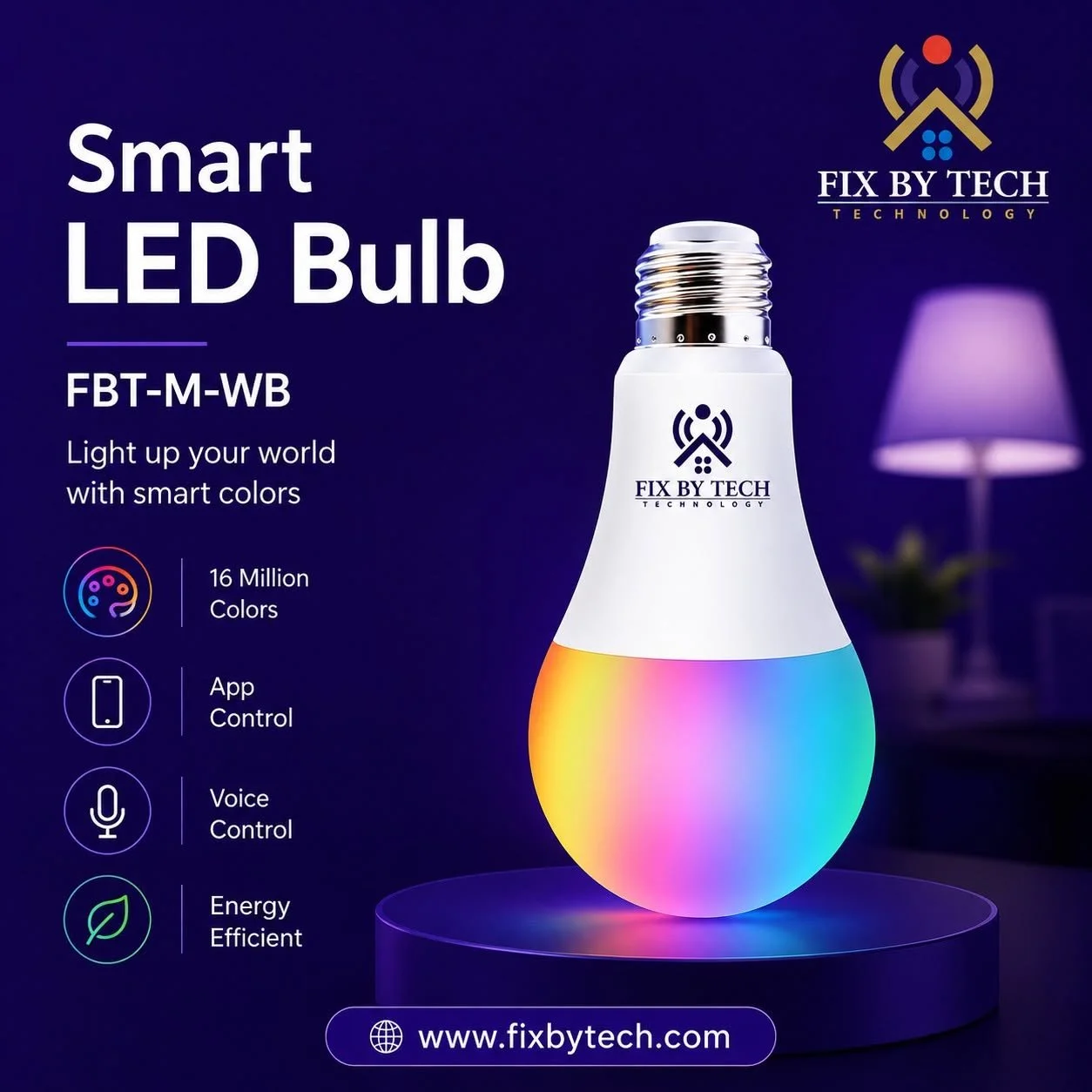 Smart LED Bulb FBT-M-WB by FixByTech with WiFi smart lighting and RGB color control.