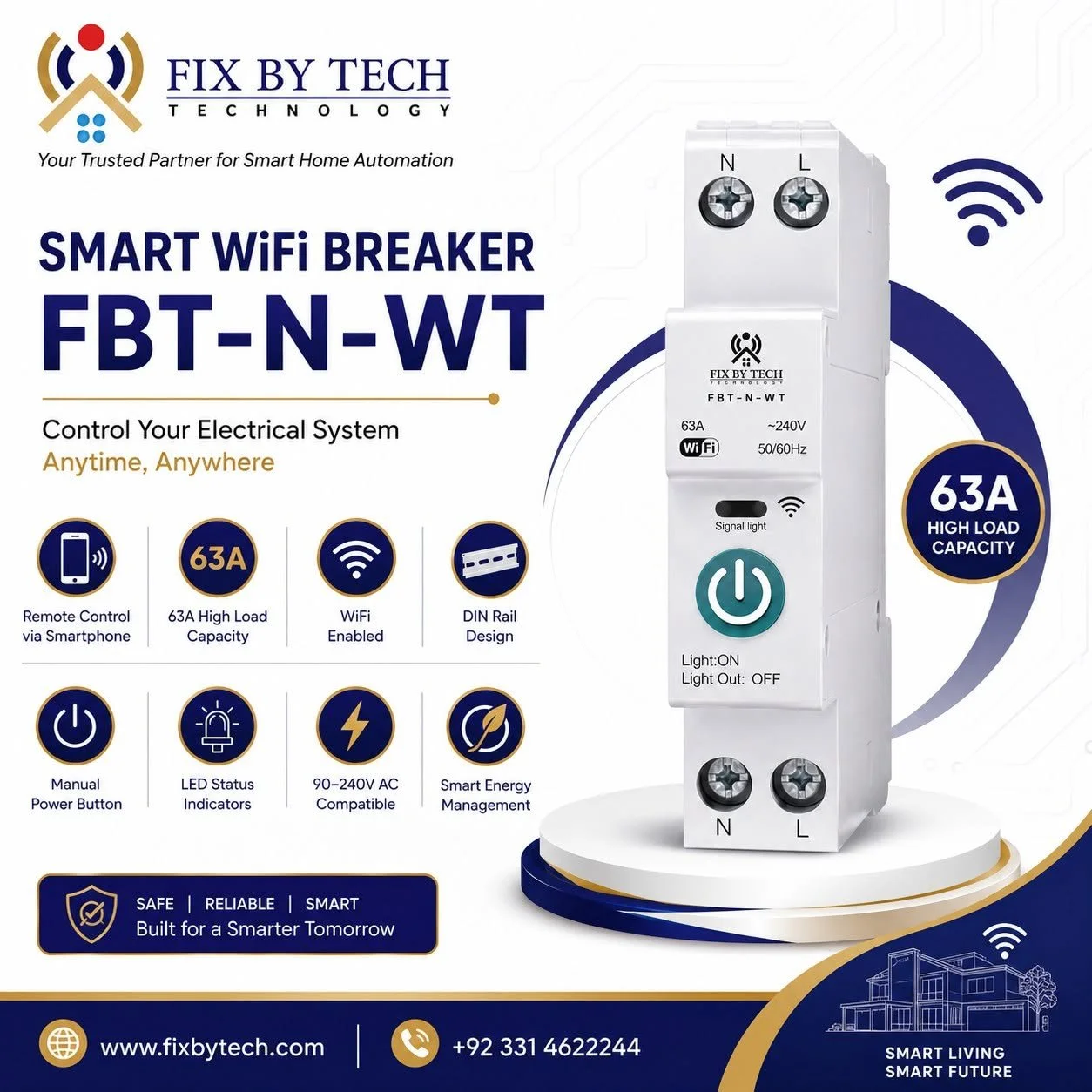 Smart WiFi Breaker FBT-N-WT by FixByTech with remote control, WiFi connectivity, and smart home automation for homes and businesses in Pakistan.