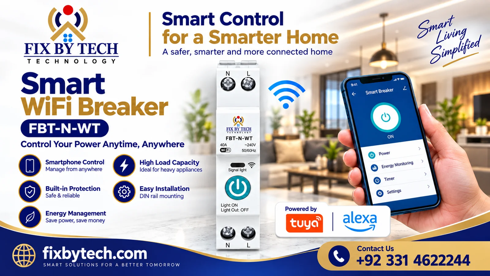 Fix By Tech FBT-N-WT Smart WiFi Breaker featuring remote smartphone control, WiFi connectivity, DIN rail installation, energy management, Tuya and Alexa compatibility, with fixbytech.com contact details.