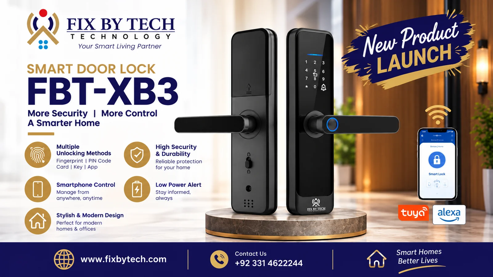 FBT-XB3 Smart Door Lock by Fix By Tech with fingerprint, PIN code, card, key and smartphone app unlocking features.